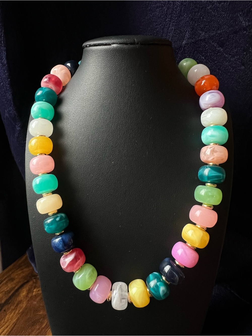 Multicolor Resin Bead With Gold Accent Statement Necklace NWOT